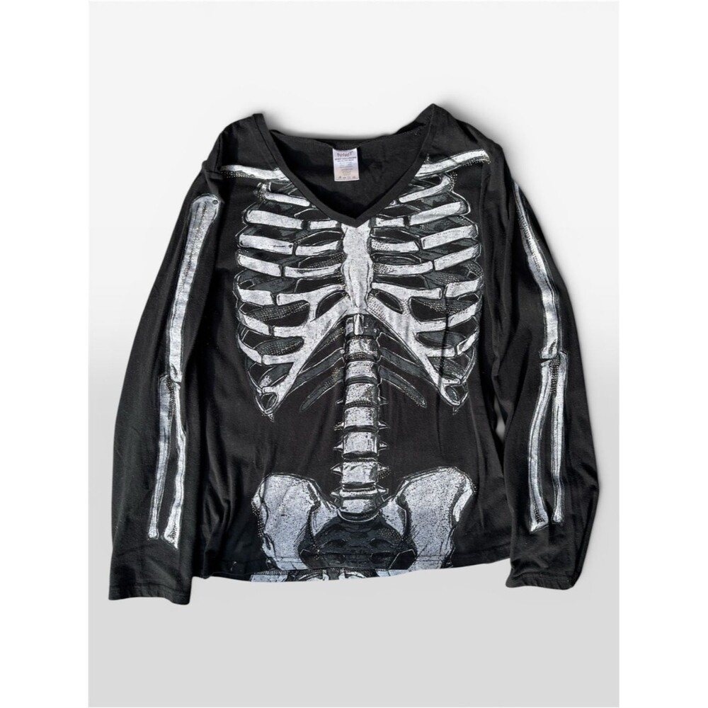 Rhinestone Skeleton Black Long Sleeve Top with White Front & Back Print